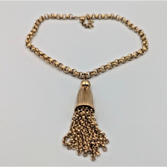 Vintage 1940s Trifari Gold Tone Collar Chain Necklace With Tassel 16" - Picture 7 of 15